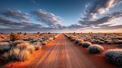Scenic view of a long dirt road through the Australian outback at sunset