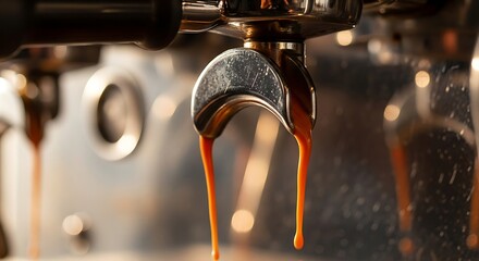 Close-up of Espresso Machine Extracting Coffee with Rich Aroma.
