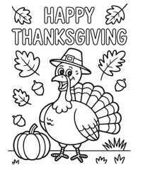Thanksgiving outlined design features a cute cartoon turkey with a pilgrim hat and pumpkin, page, kids, coloring page, book, printable, easy, coloring, pages