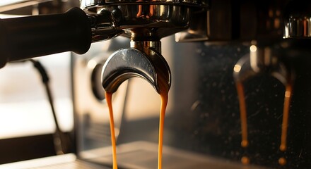 Close-up of Espresso Machine Extracting Coffee - Aromatic Brew in Motion.