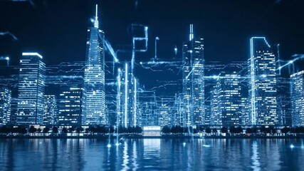 Glowing, blue cityscape with digital overlay reflecting in calm water at nighttime - Powered by Adobe