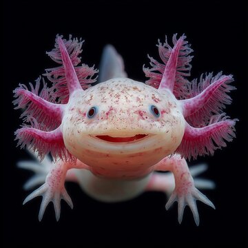 Portrait sous-marin &eacute;pur&eacute;, de type studio, d'un axolotl rose (leucistique), capturant ses branchies plumeuses