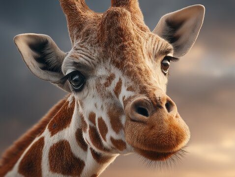 Portrait doux en gros plan d'une girafe, sa t&ecirc;te et son long cou remplissant le cadre sur fond de ciel africain