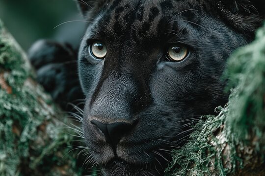 Jaguar noir reposant sur une branche couverte de mousse