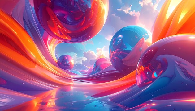 A vibrant abstract landscape features swirling ribbons of color, floating orbs, and a reflective surface, mirroring the sky
