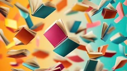 Motion concept with vivid books soaring across a neutral background, pages fluttering gracefully