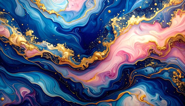 A vibrant abstract composition with flowing blue, pink, and gold colors. Marbling effect creates dynamic, fluid forms throughout the artwork