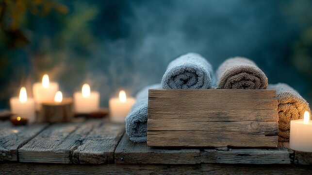 A serene spa scene featuring neatly rolled towels arranged beside glowing candles, evoking relaxation and tranquility, perfect for wellness and self-care themes.