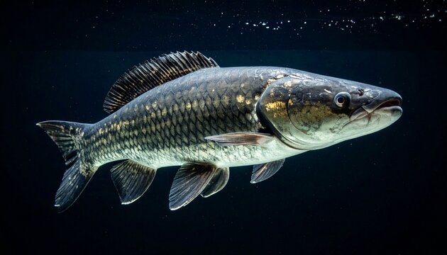 Close-up of a streamlined silvery fish swimming in dark water, with reflective scales, prominent fins, and a forked tail. A dramatic underwater composition ideal for aquatic life documentation, ichthy