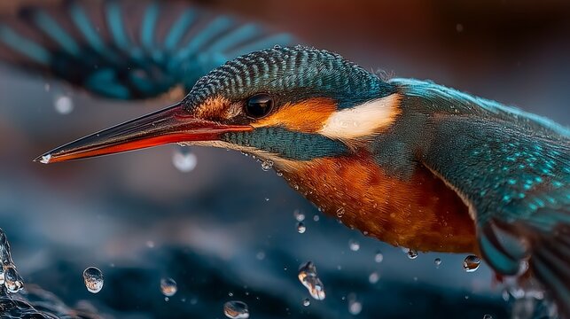 Photographie documentaire &agrave; grande vitesse, capturant la milliseconde exacte o&ugrave; un martin-p&ecirc;cheur &eacute;merge d'une rivi&egrave;re