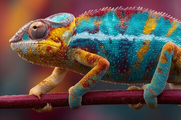 Photo macro d'un caméléon panthère à mi-course sur une fine liane, son corps affichant un motif marbré