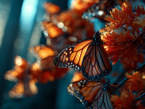 Fototapeta Photo au téléobjectif d'un groupe dense de papillons monarques recouvrant un sapin oyamel au Mexique