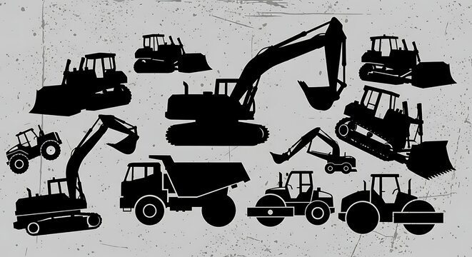 Construction Equipment Silhouettes - Bulldozers, Excavators, and Dump Trucks.