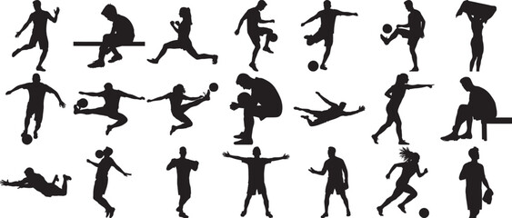 Hand made Set of soccer player silhouettes in various poses vector illustration for sport design By Adobe Illustrator