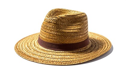 Stylish Straw Fedora Hat with Brown Band on White Background.