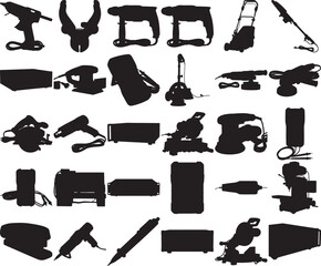 Hand made Set of power tools silhouettes various electric equipment for construction and home improvement By Adobe Illustrator