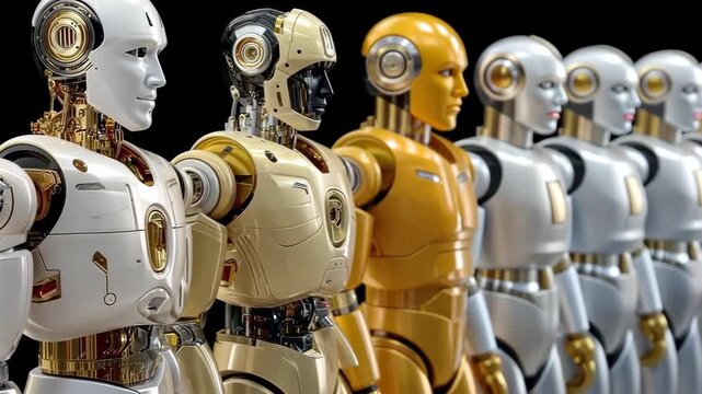 Robots stand in formation while showcasing advanced technology, design, and craftsmanship in a modern setting