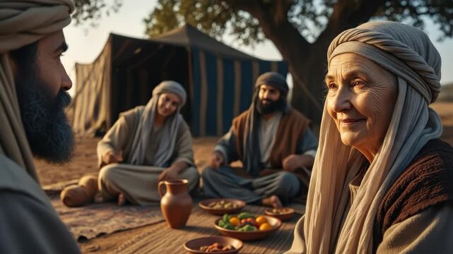 Ancient israelite woman, man, and two other men gathering for a meal outside a desert tent symbolizing hospitality in old testament biblical times.