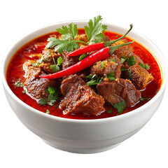 spicy vindaloo curry with red sauce, tender meat pieces, chili garnish on transparent white background 