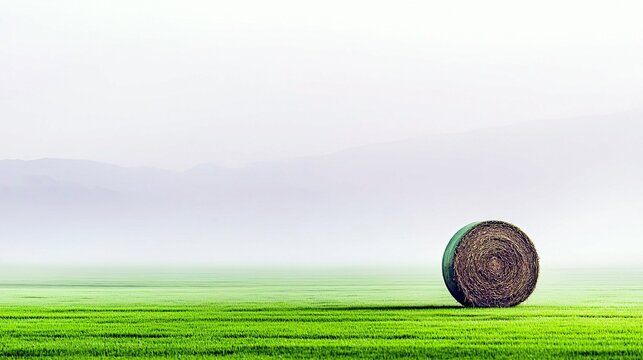 A single, dark, round hay bale rests on a vibrant green field, with hazy mountains in the distance under a soft, bright sky. - Powered by Adobe