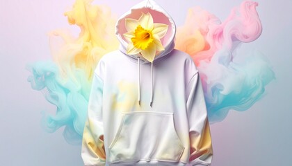 White hoodie with pastel yellow, pink, and blue accents displayed against a swirling pastel mist background. A surreal daffodil flower emerges from the hood in place of a head, blending fashion, natur