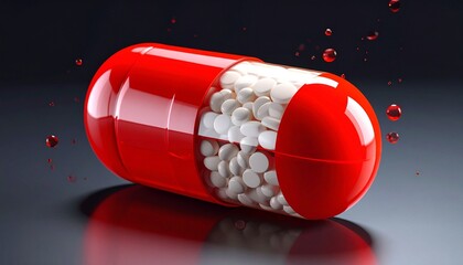 Large red capsule pill with transparent center revealing white granules, placed on a reflective surface and surrounded by red liquid droplets. A visually striking composition ideal for pharmaceutical 