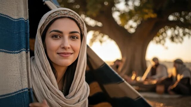 Caucasian woman peeks from tent while men gather by tree, reflecting ancient biblical hospitality and nomadic desert life.