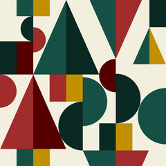 Seamless Geometric Abstract Pattern With Triangles Circles And Squares In Green, Red And Mustard Tones