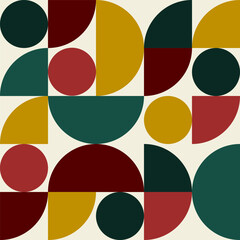 Vibrant Geometric Seamless Vector Pattern with Circles and Semi-Circles in Green, Gold, and Red