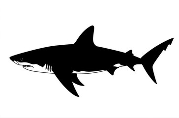 Obraz premium Shark black silhouette isolated on white or transparent PNG background. Ideal for graphic design, logos, marine themes, ocean projects, educational materials. High-quality professional stock image.