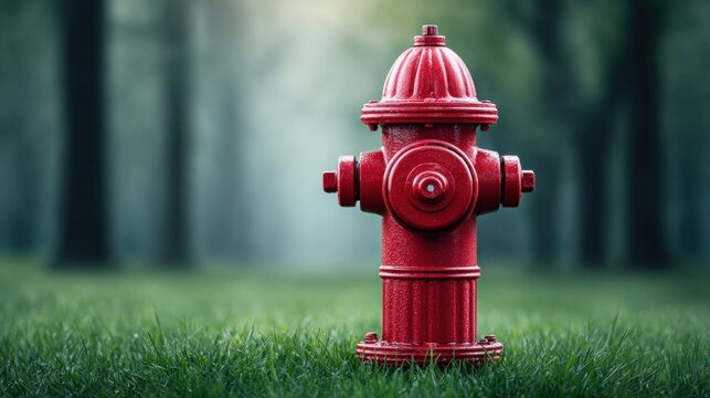 Vibrant red fire hydrant stands in lush green grass with a blurred forest background
