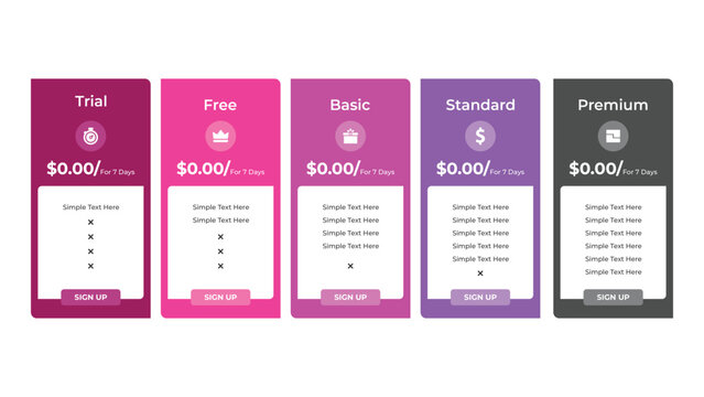 Colorful Pricing Table Chart Trial, Free, Basic, Standard, Premium Plan Comparison and SignUp