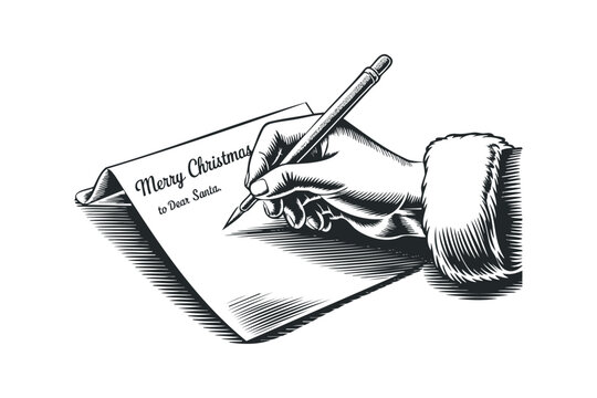 Hand in Santa Suit Writing Merry Christmas Letter to Dear Santa