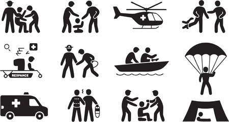 Emergency rescue icons set. Ambulance, rescue team, helicopter, patient, first aid, safety, emergency, healthcare, support, operation, hospital, accident, response, service, medical, treatment, transp