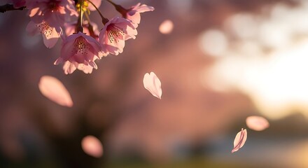 Delicate cherry blossoms and falling petals create a serene spring scene.