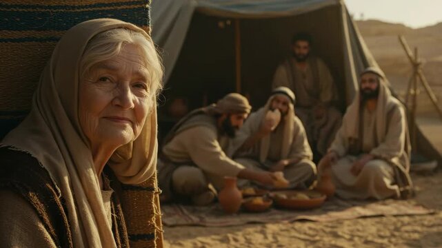 Old woman observing men eating near a tent, showing hospitality in a desert setting from biblical times, old testament.