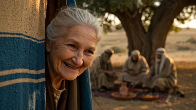Woman peeking from tent while three men sit under tree. Sarah watching strangers, Abraham hospitality story. Old Testament scene and eastern people.