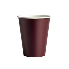 A simple. elegant maroon paper cup stands upright against a clean white background. its smooth texture. ideal for food and beverage photography or product marketing
