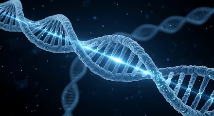 DNA double helix structure with glowing blue light effect.