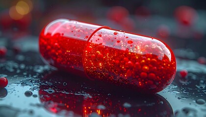 Red Capsule Pill with Granules Standing Upright on Dark Surface in Pharmaceutical Product Display