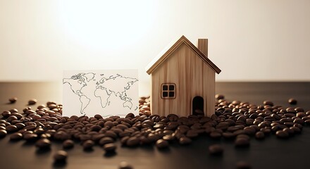 A miniature wooden house and world map sit on scattered roasted coffee beans.