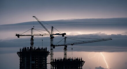 Construction cranes against a dramatic sky at twilight.
