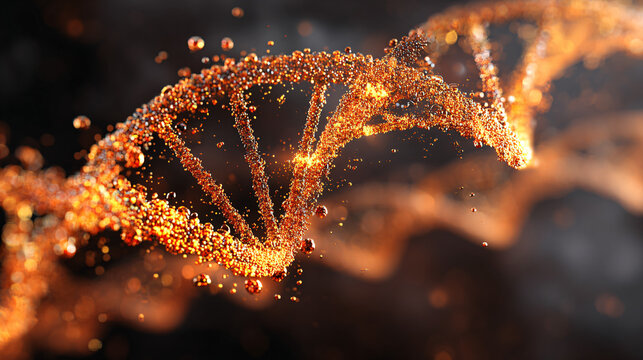 Shimmering golden DNA helix with microscopic bubbles glowing with vibrant light