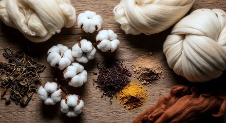 Raw cotton bolls, unspun fibers, and natural dye powders on a wooden surface for textile creation.