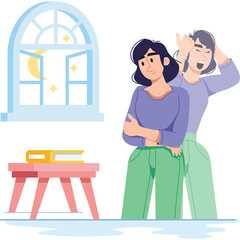 Two Women Embracing Near a Window with a Night Sky and a Stack of Books on a Table