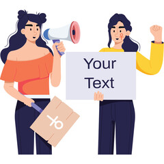 Two women holding signs and megaphone protesting for rights on a transparent background advocating for change and equality with passionate expressions