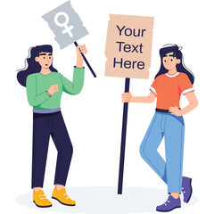 Two Women Holding Signs During a Protest Demonstration with the Female Symbol on One Sign and Placeholder Text on the Other in a Vector Illustration Style