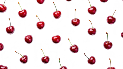 A arrangement of fresh cherries on a clean white background. their glossy texture and rich color. ideal for food photography. culinary blogs. or health-related content