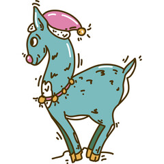 Reindeer cartoon stile sticker in Christmas hat and jingle bells. Funny isolated Christmas character illustration. 