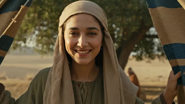Woman peeking from tent with joyful smile while men share a meal under a tree. Biblical hospitality and ancient eastern traditions.